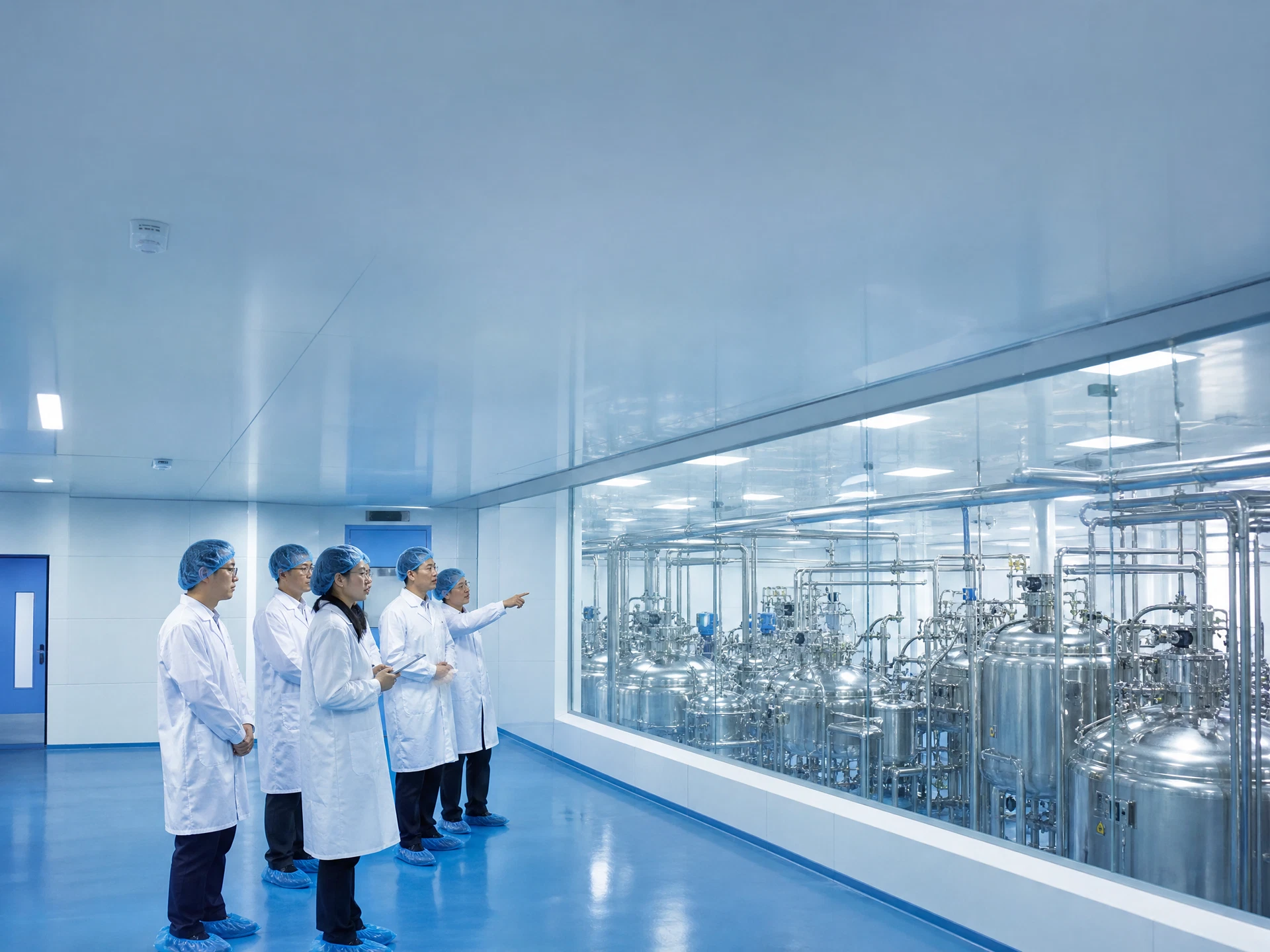 Chinese Asian scientists and visitor touring a Guangzhou peptide production facility