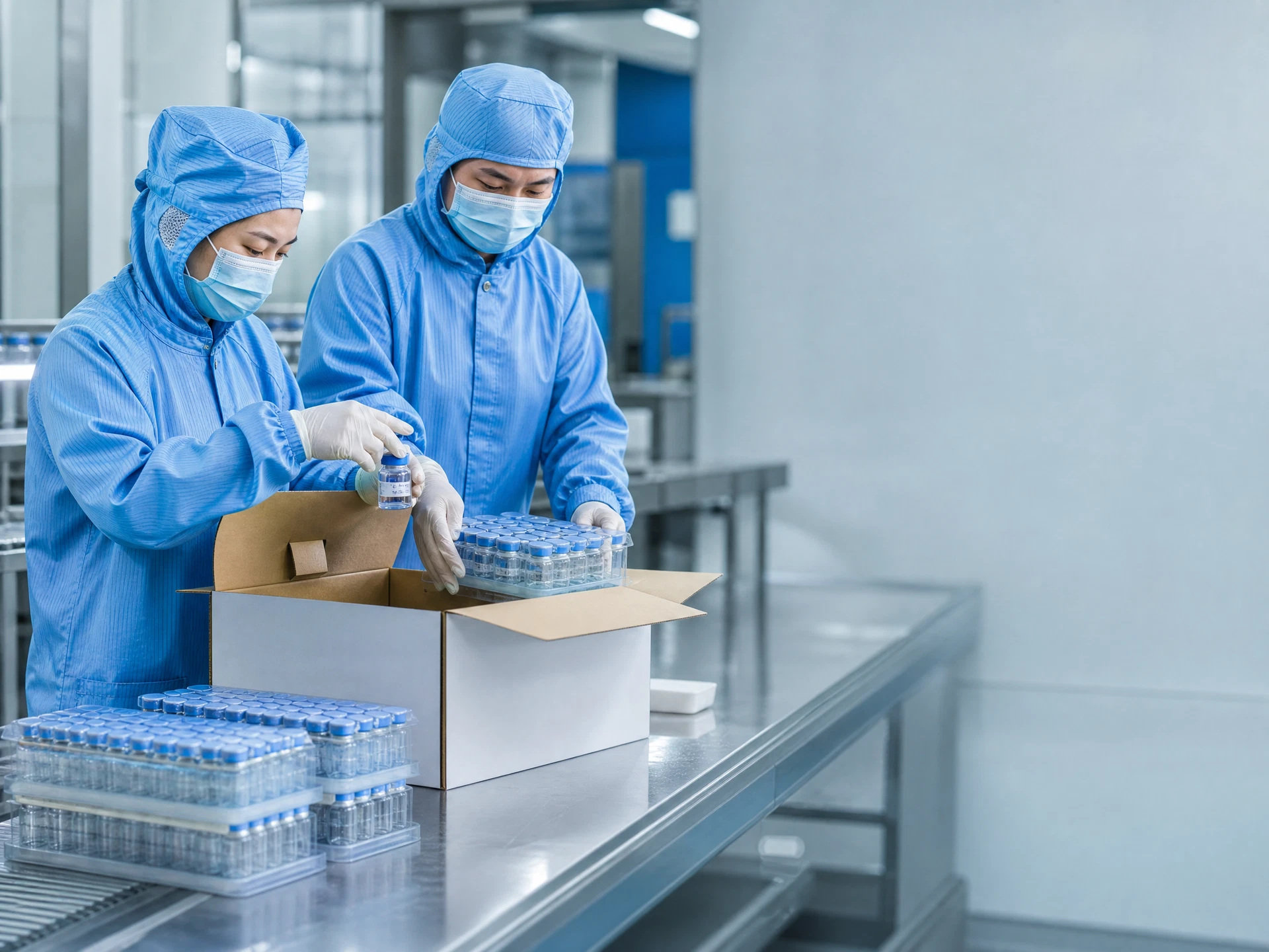 Chinese Asian cleanroom staff packaging peptide vials for shipment