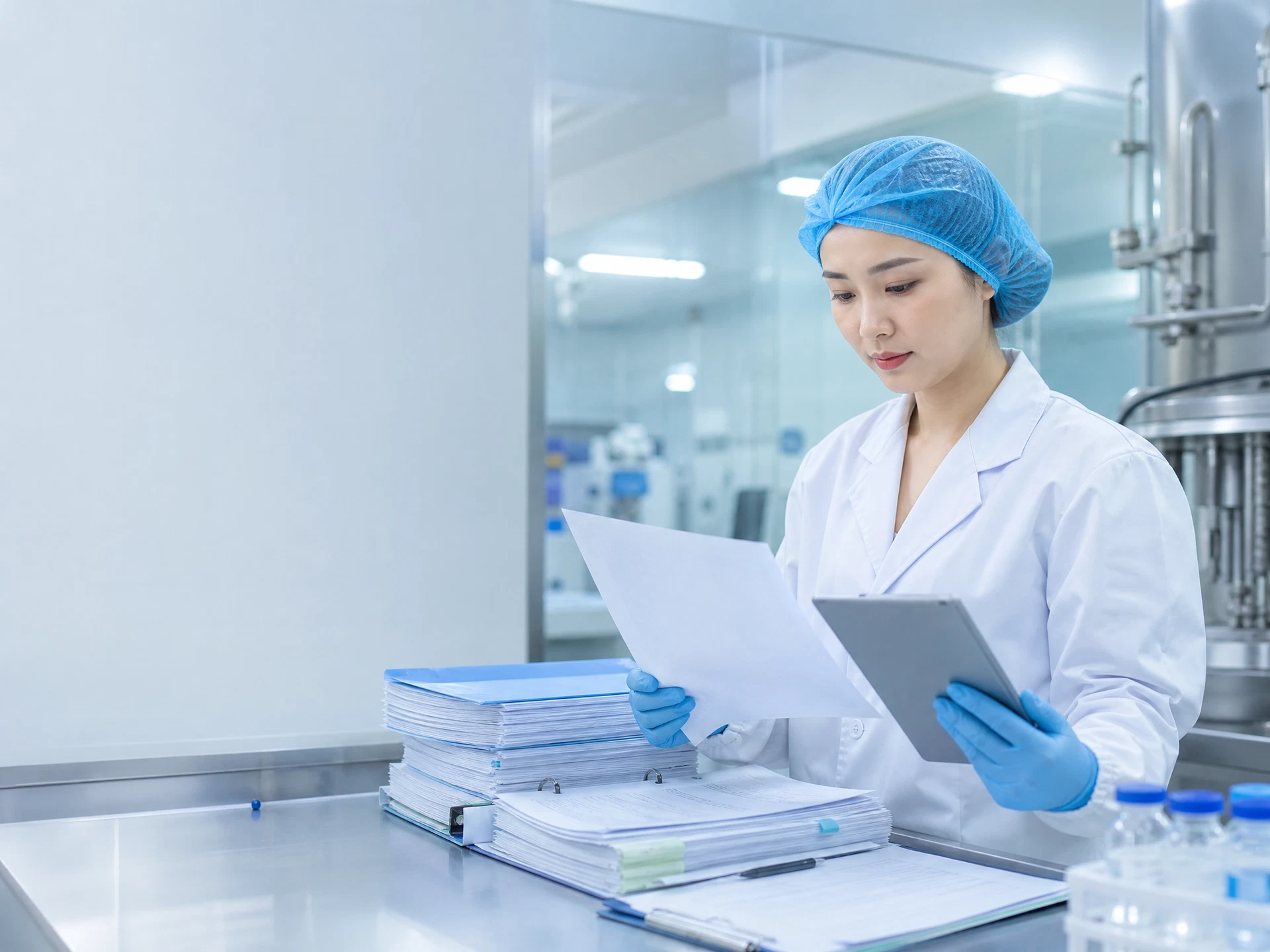 Chinese Asian quality specialist reviewing peptide order and batch documentation